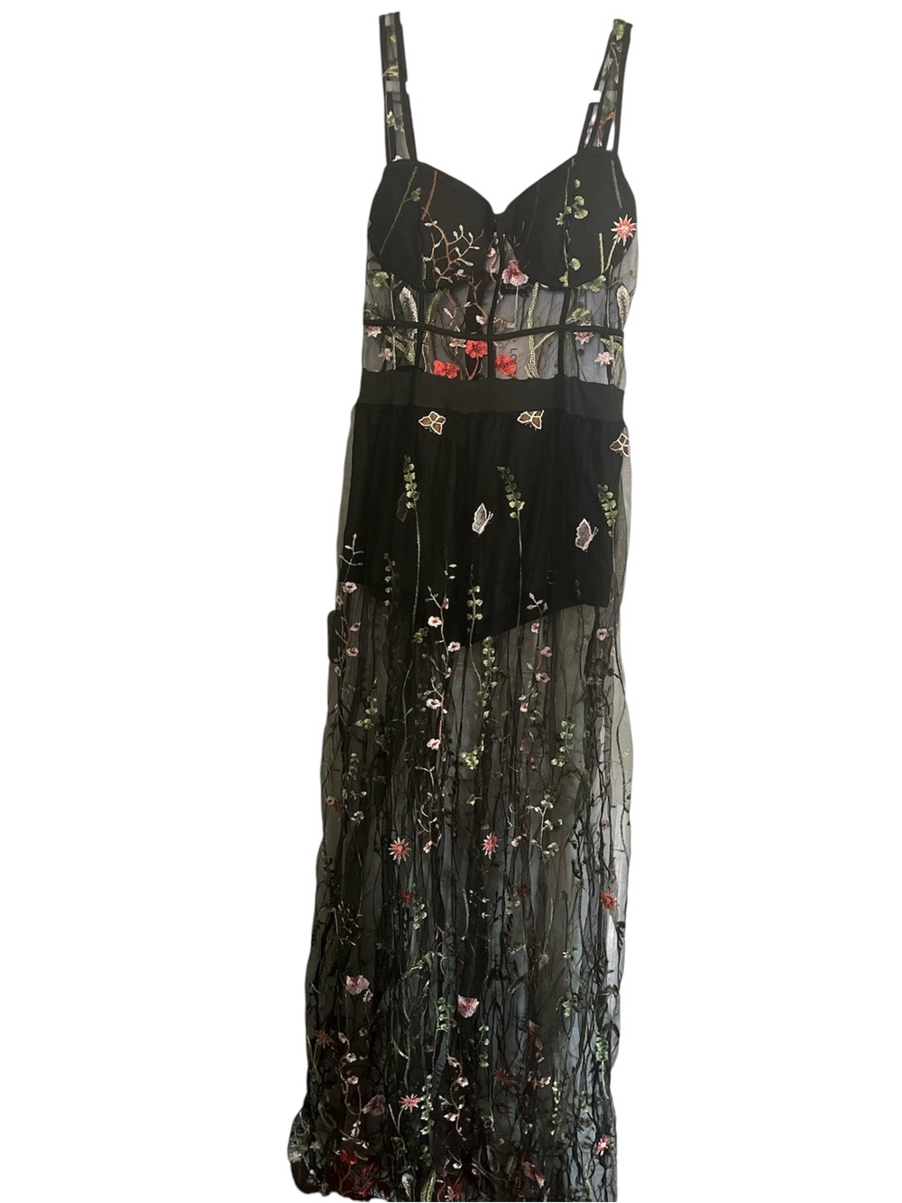 Embroidered Black Maxi Dress w/Butterflies & Floral Mesh Overlay Size XL